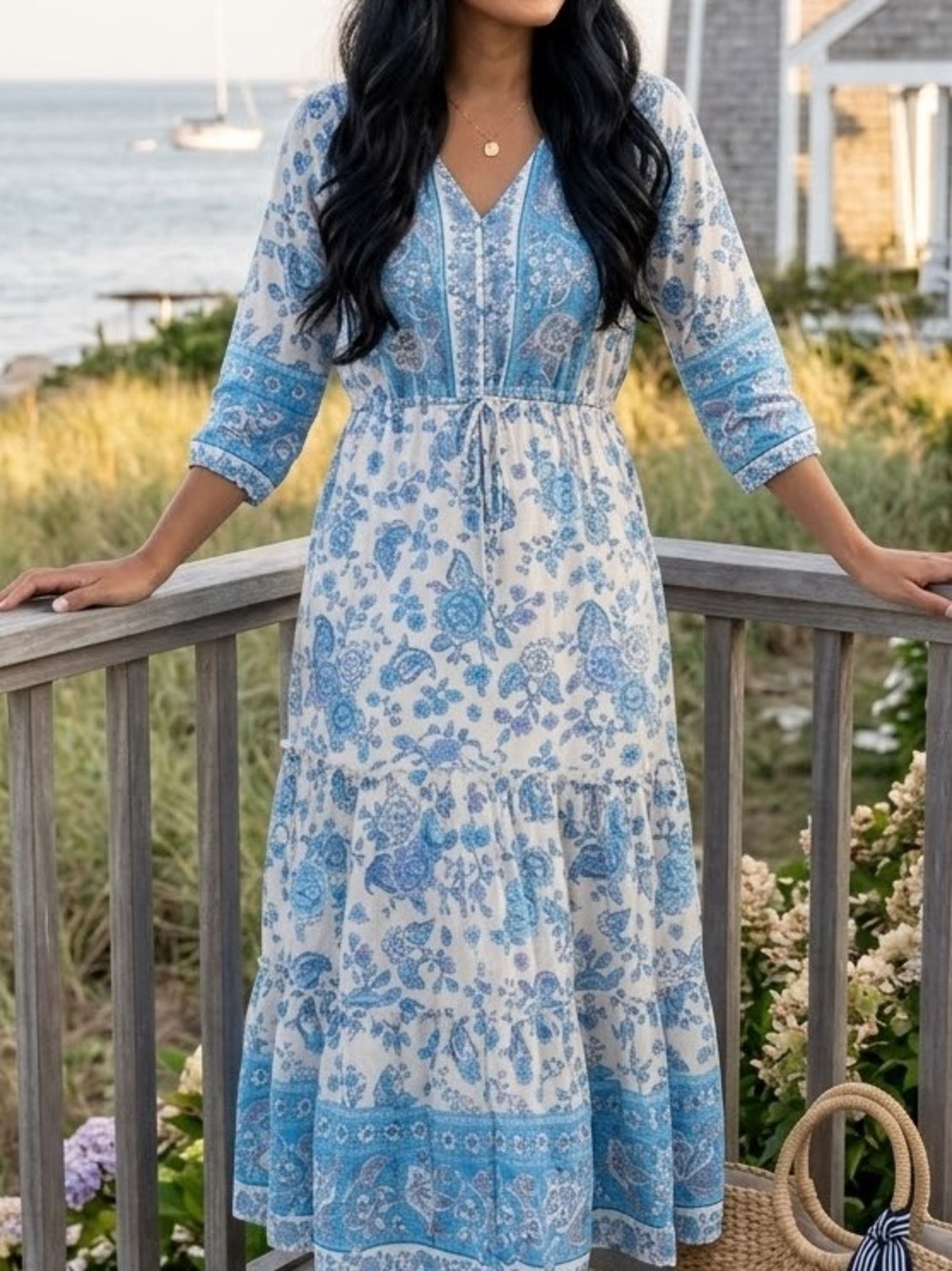 Walker & Wade Carrie V-Neck 3/4 Sleeve Maxi Dress Blue White Floral Tiered Small